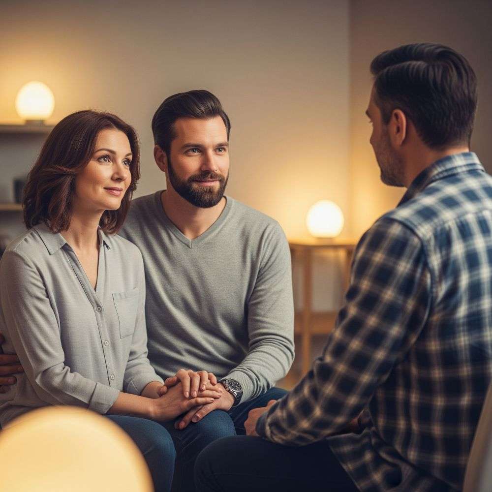 Mosolygó férfi és nő egy kockás ingű szakemberrel konzultál.