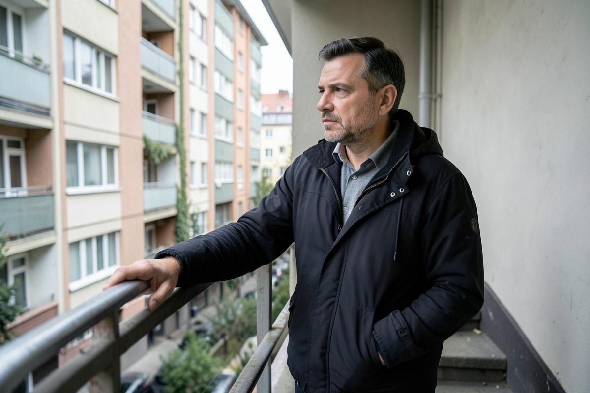 Gondolataiba merülő férfi egy budapesti társasház erkélyén, az akaraterő korlátain töprengve