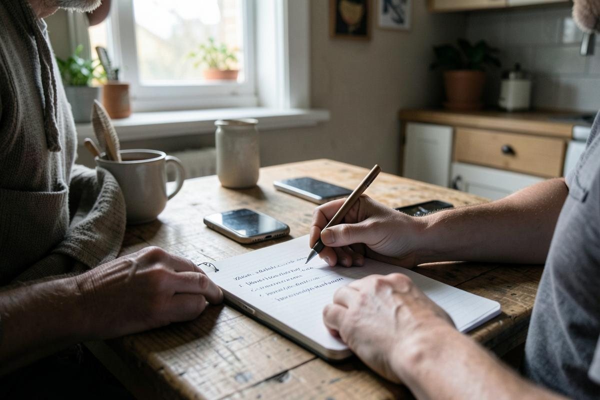 Gyakorlati felépülési lépéseket jegyzetelő ember egy otthoni asztalnál
