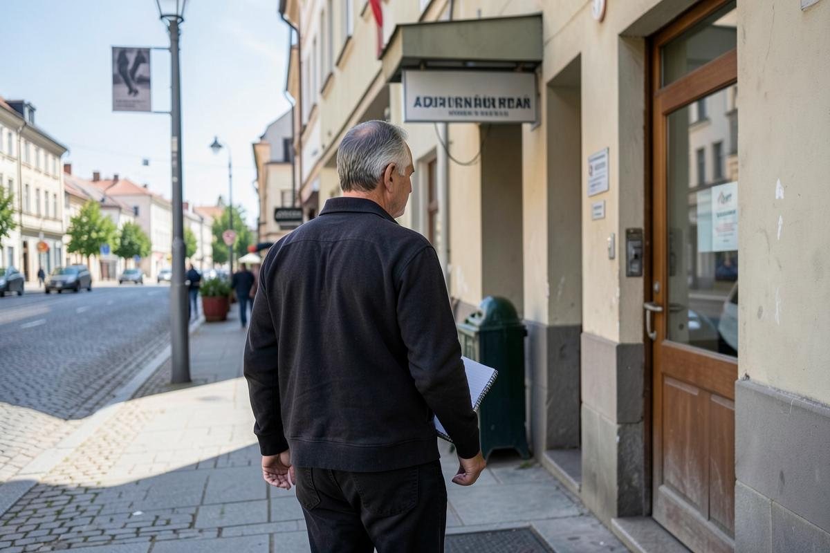 Jegyzetfüzettel segítséget kérni induló férfi egy budapesti tanácsadóhely előtt