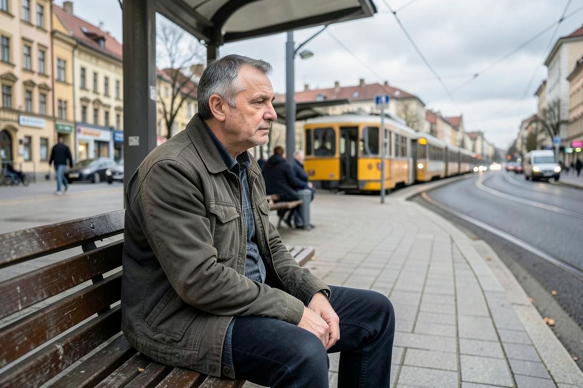 Gondolataiba merülő férfi egy városi villamosmegállóban, hétköznapi környezetben