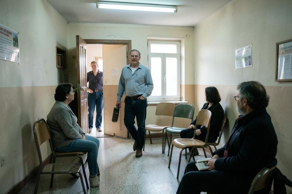 Első alkalomra érkező résztvevő egy szerény közösségi terem nyitott ajtajában