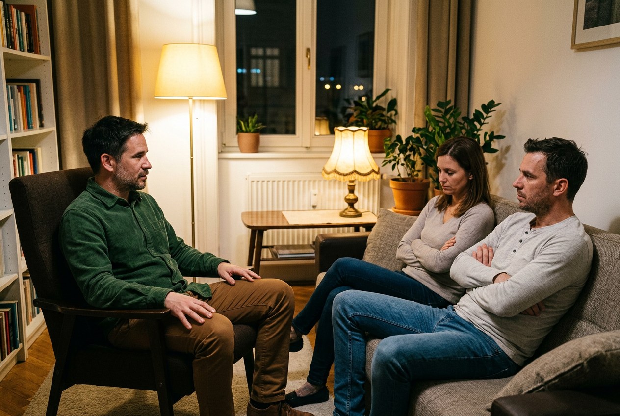Dobrai Zoltán bizalmas konzultáción egy felnőtt párral