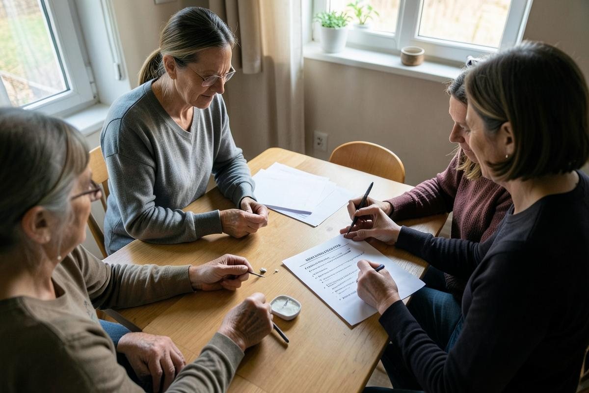 Családtagok szakmai segítség elérhetőségeit gyűjtik egy otthoni asztalnál