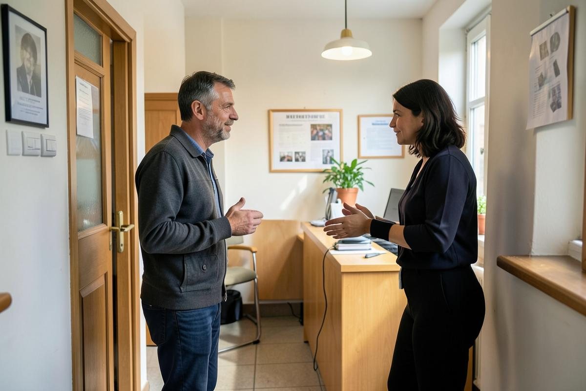 Segítséget kérő férfi érkezik egy barátságos tanácsadóhelyre