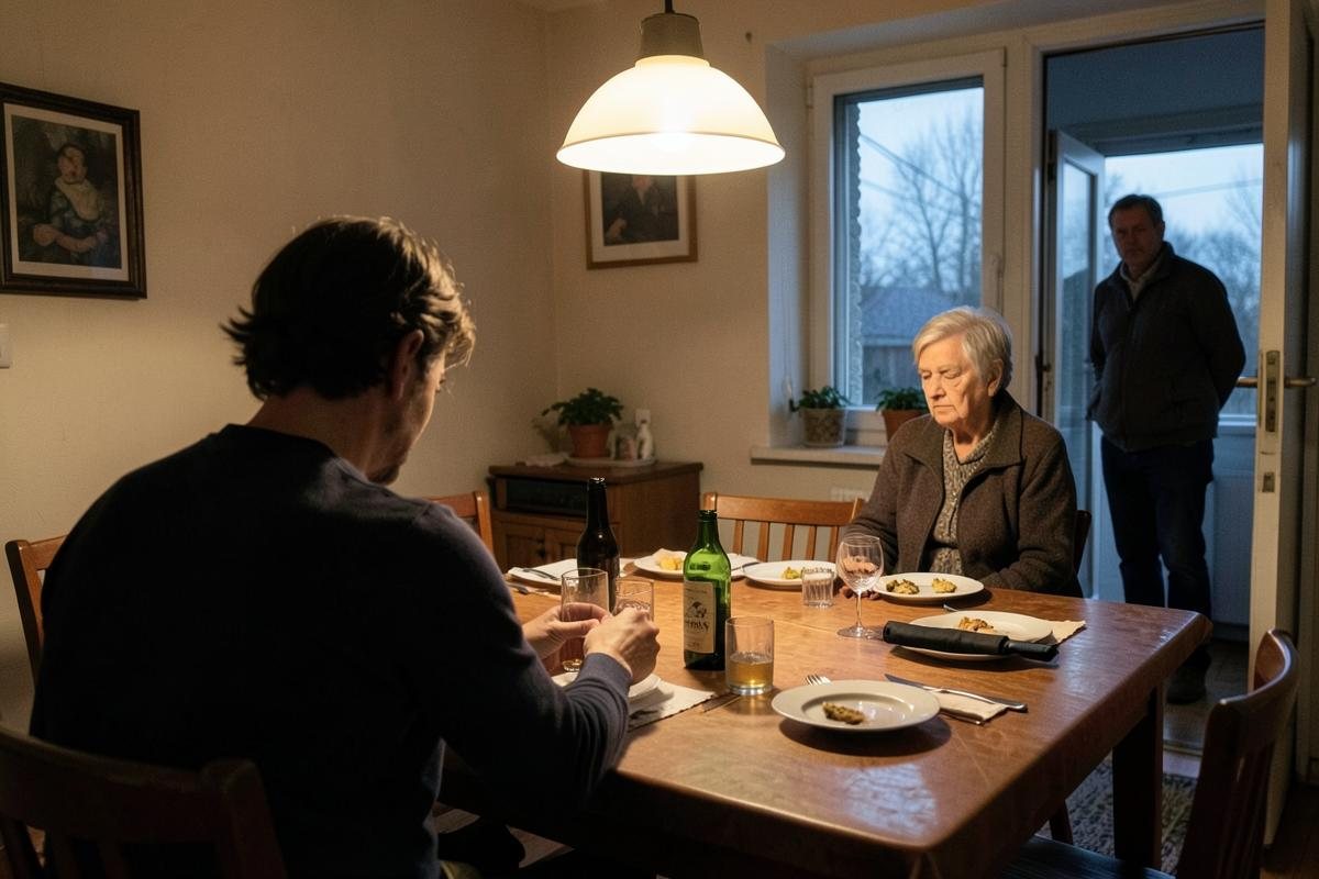Családtagok egy vacsora után, az ivás visszatérő jelei miatt kialakult csendes feszültségben