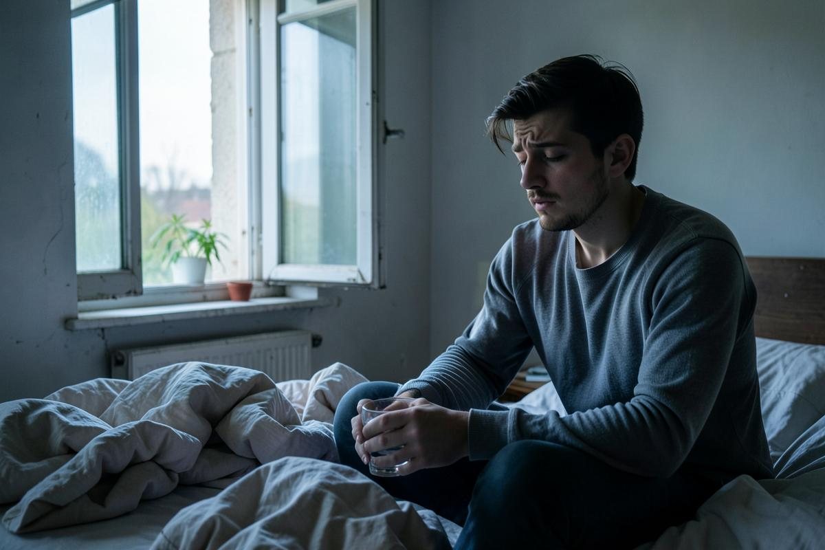 Álmatlan fiatal férfi hajnalban az ágya szélén, egy pohár vízzel