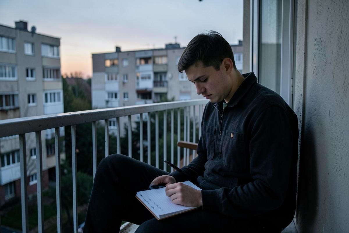 Fiatal férfi egy lakótelepi erkélyen, a kannabiszhasználat miatt beszűkült napirenddel