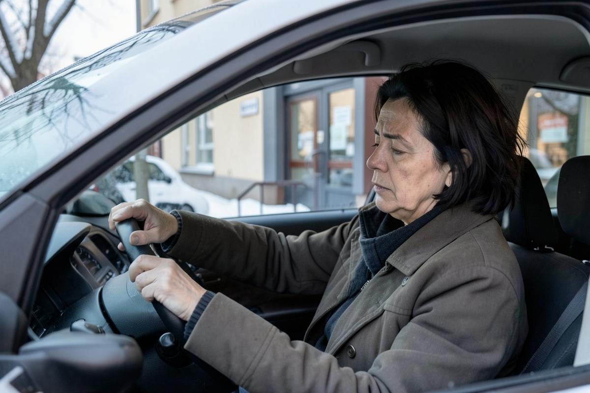 Munka után autójában ülő fáradt nő, a rejtve maradó alkoholprobléma hétköznapi arcával