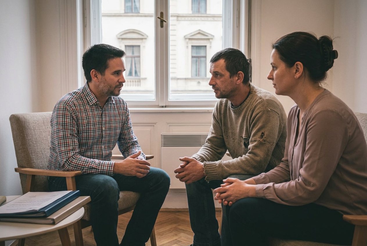Dobrai Zoltán párterapeuta egy párral beszélget a válás és a vagyonmegosztás nehéz döntéseiről