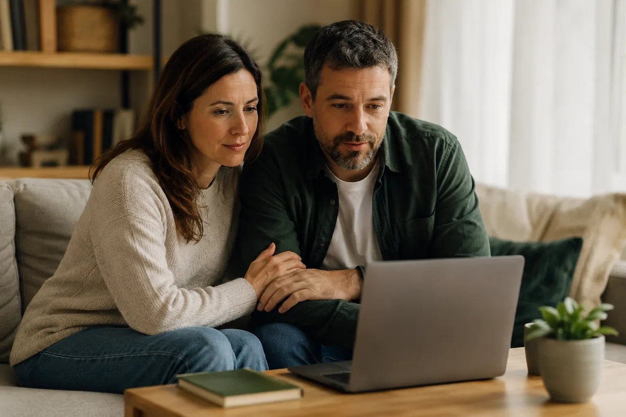 Pár online a laptop előtt — kapcsolati önreflexió